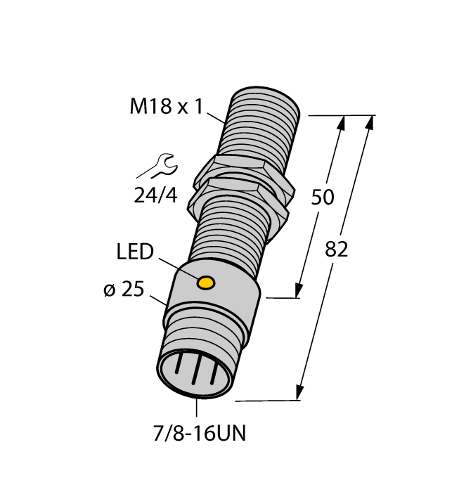 Turck Inductive Proximity Metal Barrel Sensor; 18mm; Embeddable; 10-30VDC; NO; NPN; Connector - 7/8"-16UN (Metal)